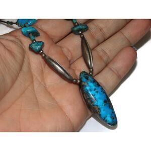 Vintage Estate Large Turquoise Bead Navajo Sterling Silver Beads Necklace 16"